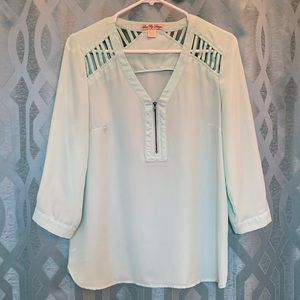 Love By Design 3/4 sleeve V-neck with zip top, light teal, medium,
